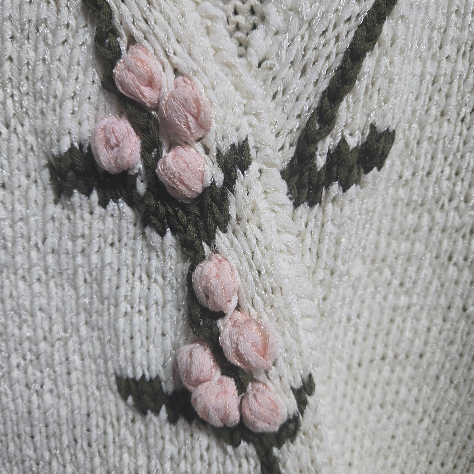 Enfin by Marcia Vintage Handmade Floral Knit Sweater Cream Pink 3D Popcorn M