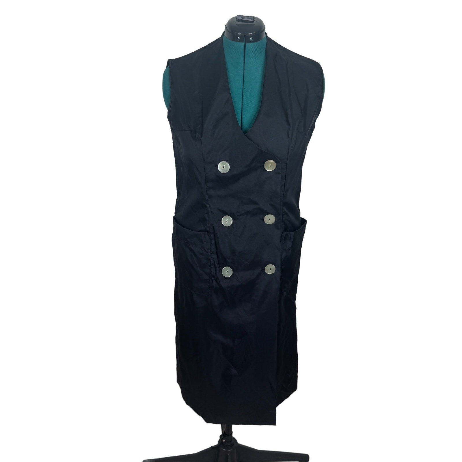 Vintage 1960s Black Nylon Smock Dress Classic Uniforms Double Breasted Pinafore