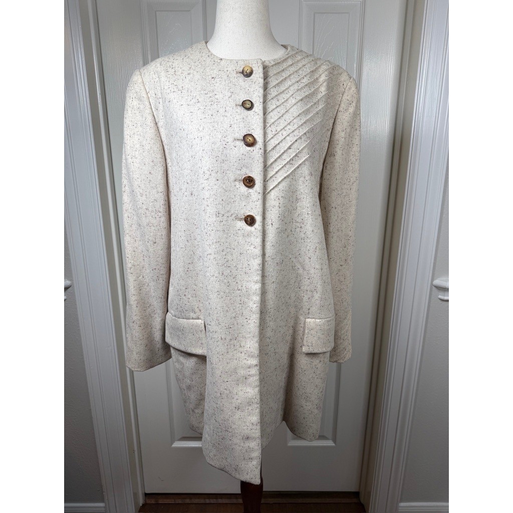 Bill Blass Neiman Marcus Vintage 90s Cream Speckled Cashmere Wool Coat Womens 14