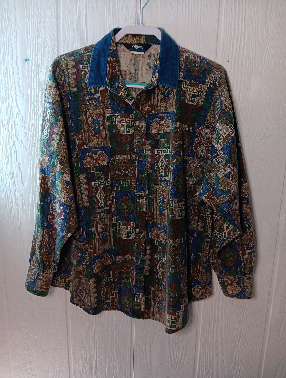 Vtg ROPER Women 12 Aztec Southwestern Wear Long Sleeve Shirt Rodeo Denim Collar