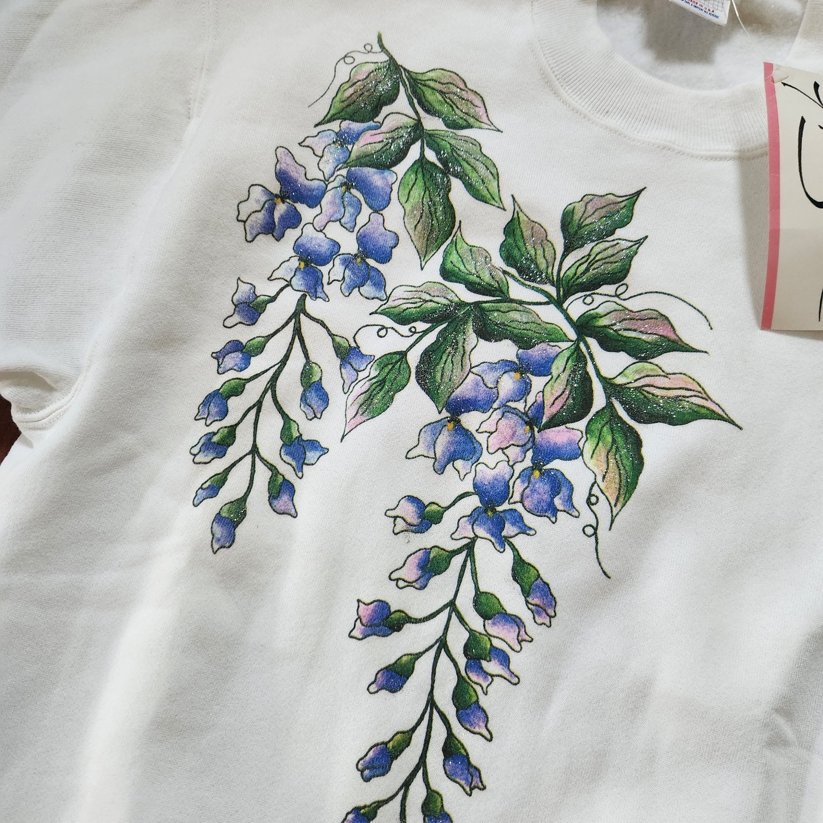 VTG JERZEES 90s Crewneck Glitter Wisteria Purple Flowers Granny Size XL NWT
