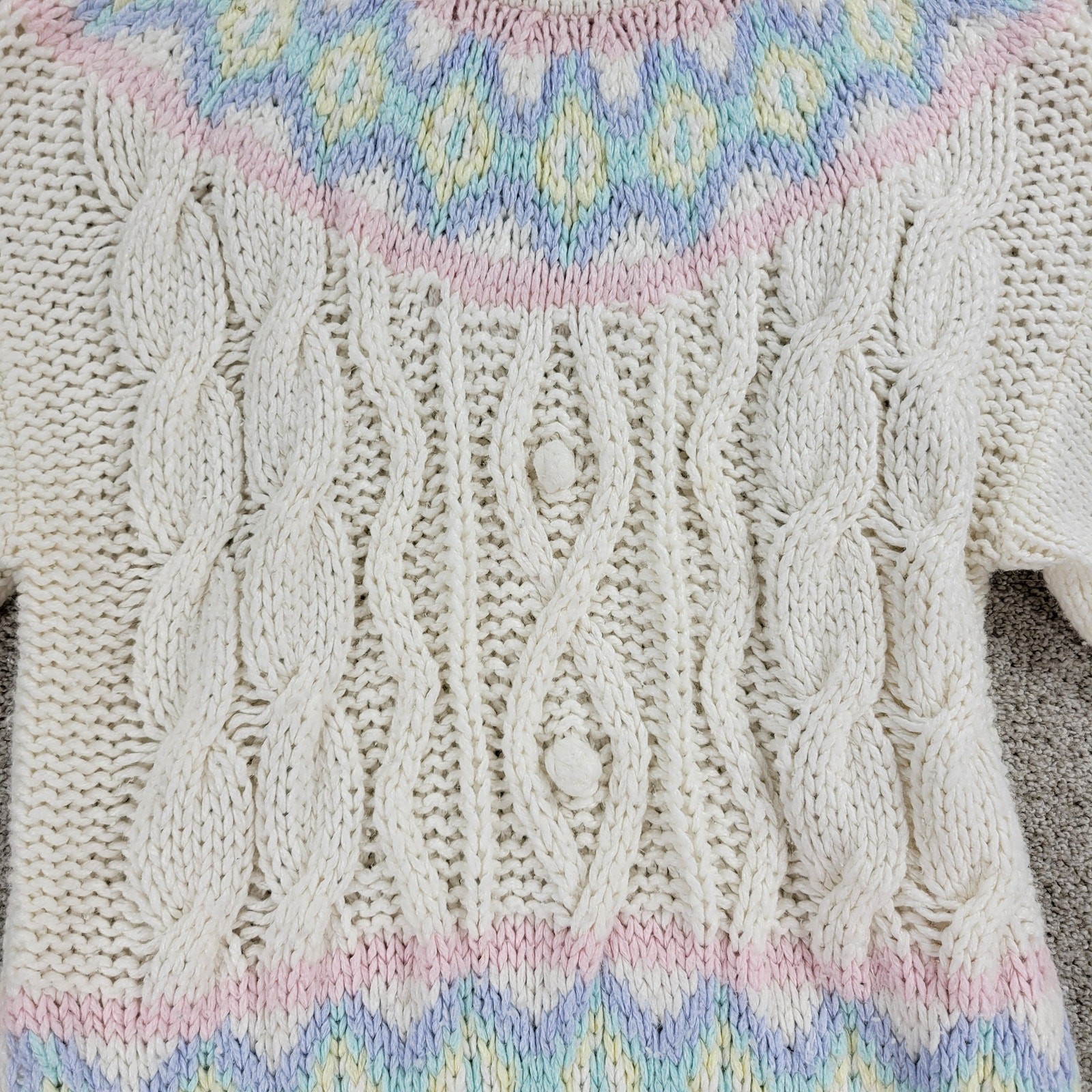 VTG Jamie Scott Sweater Womens L Cream Hand Knit Pastel Ramie Mock Neck 80s