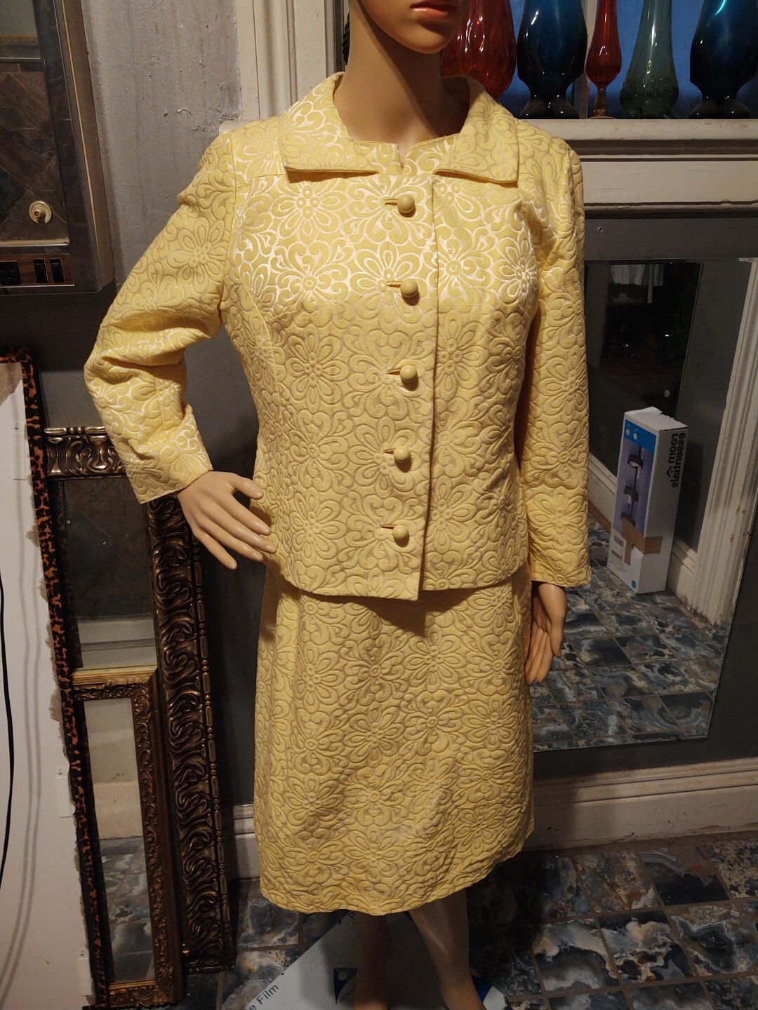 Vintage 1960s Elinor Gay Original Bright Yellow Shift Dress W/Jacket Sz 18