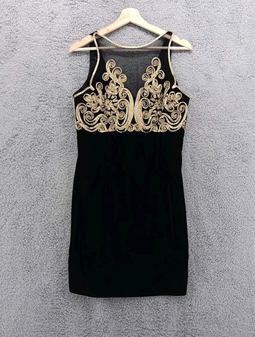 Vtg Scott McClintock Womens Black Velvet Gold Trim 80s Mini Cocktail Dress Sz 12