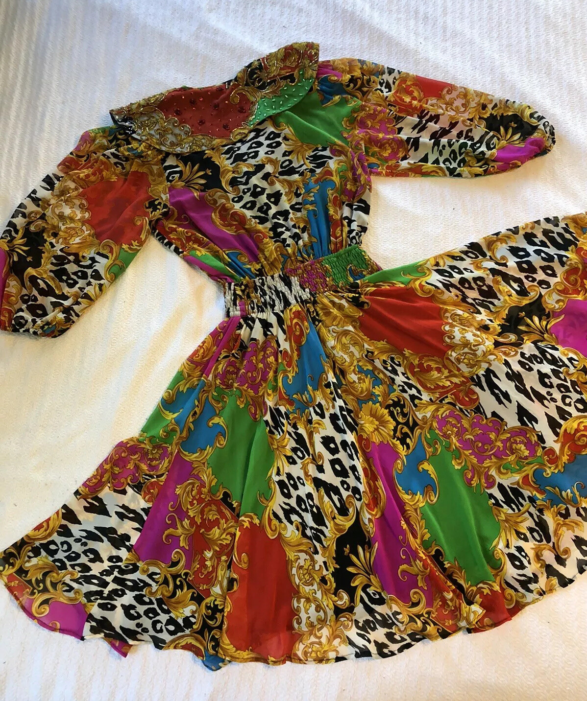 Vintage 80s Diane Freis Beaded Baroque Dress Ruffle Collar Puff Balloon Sleeves