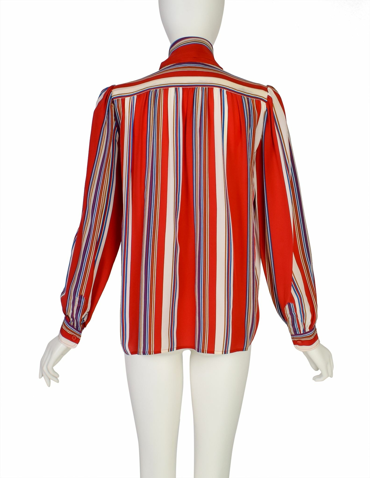 Yves Saint Laurent Vintage SS 1982 Red Multicolor Striped Silk Lavalliere Shirt