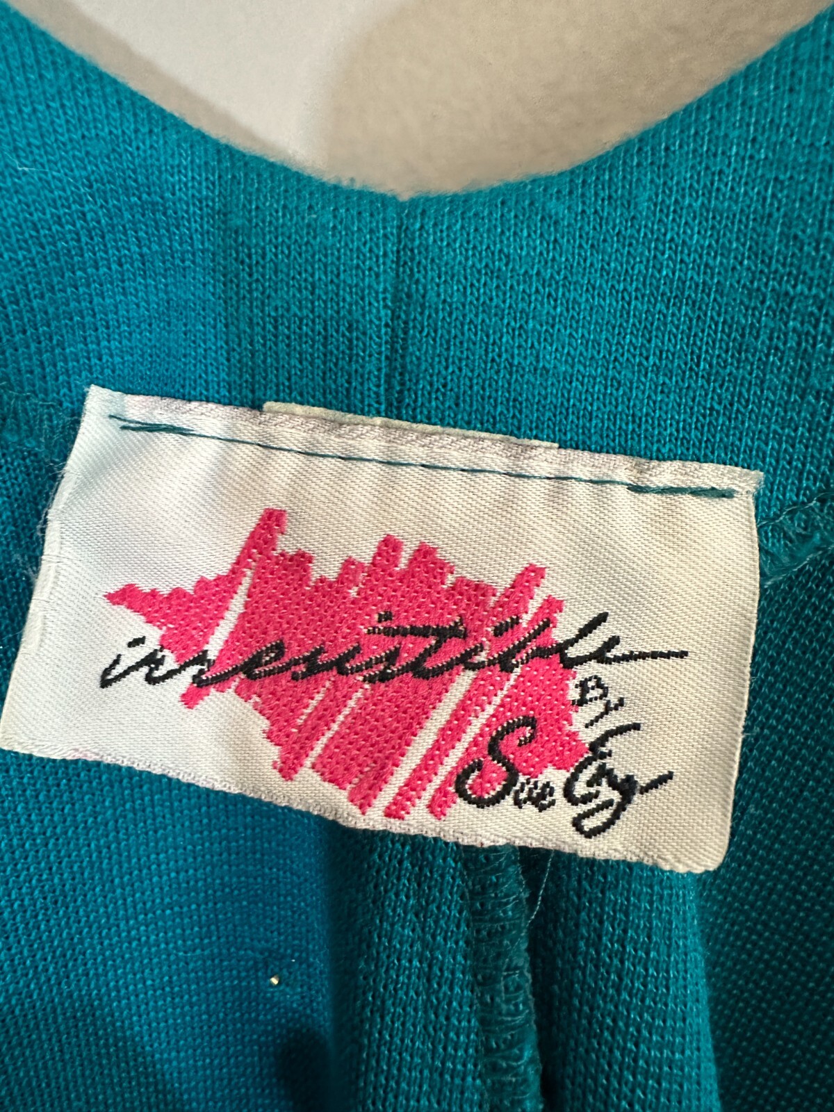 Vintage 80s Irresistible Sue Eng Sweater Dress Womens M/L Teal Knit Bead Scoop