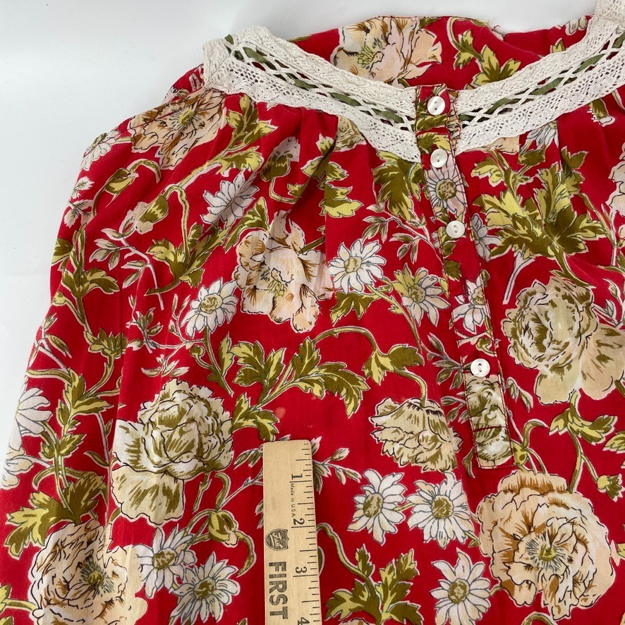 Vtg Nightgown XL Red Floral Cottage Victorian Edwardian Coquette Grandma Crochet