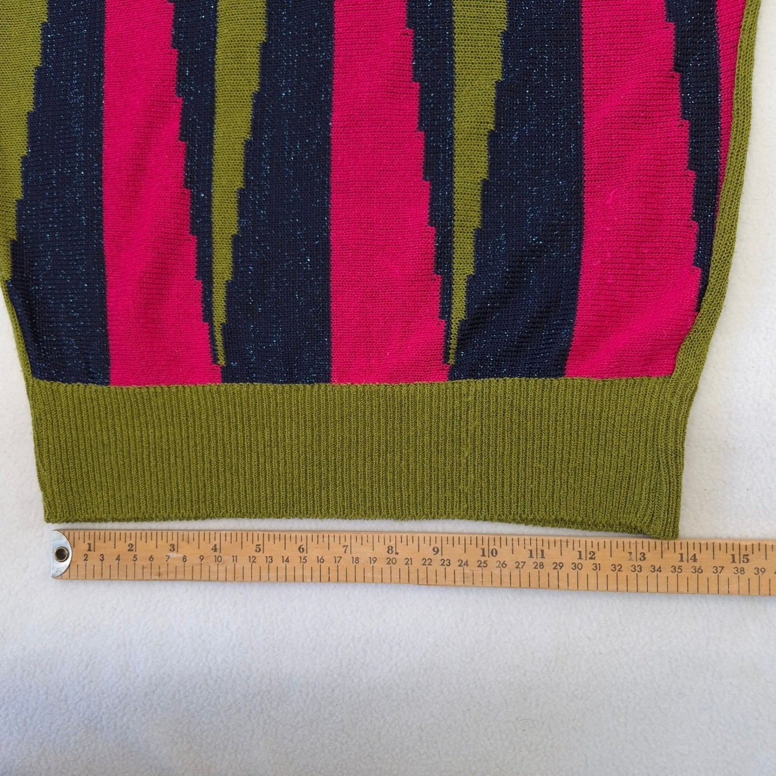 Bell House Sweater Top Green Pink Navy Sz M Vintage 80s Geometric Metallic Knit