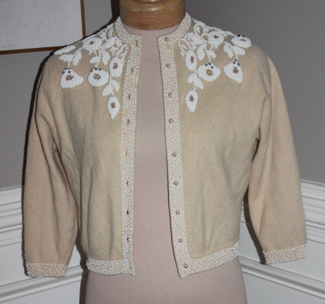 McMullen Angora wool Rabbit Hair beaded vintage Hong Kong cardigan XS rockabilly