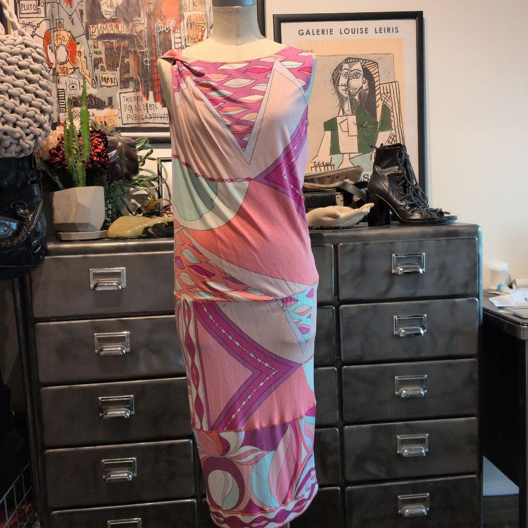 EMILIO PUCCI Vintage Logo Dress One-Piece Sleeveless #34 Pink Multicolor Silk