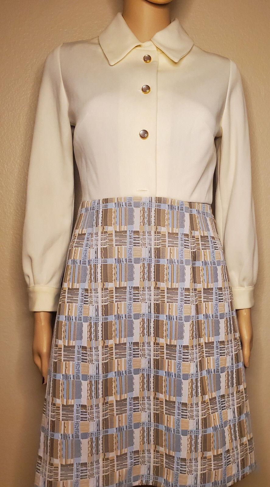 Rare – Vintage 1970s Handmade Creme w/ Weaver Stripe Pattern Skirt Dress Size S