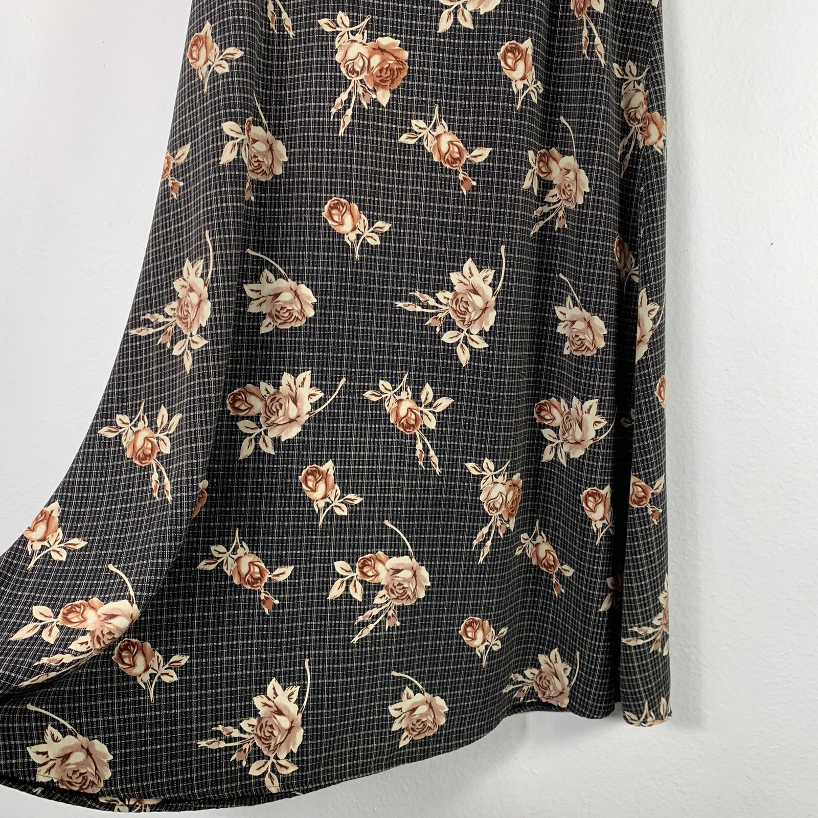Vintage Skirt Sz Medium Floral Plaid Hi Rise Midi Brown Black Rose Ellen Ashley