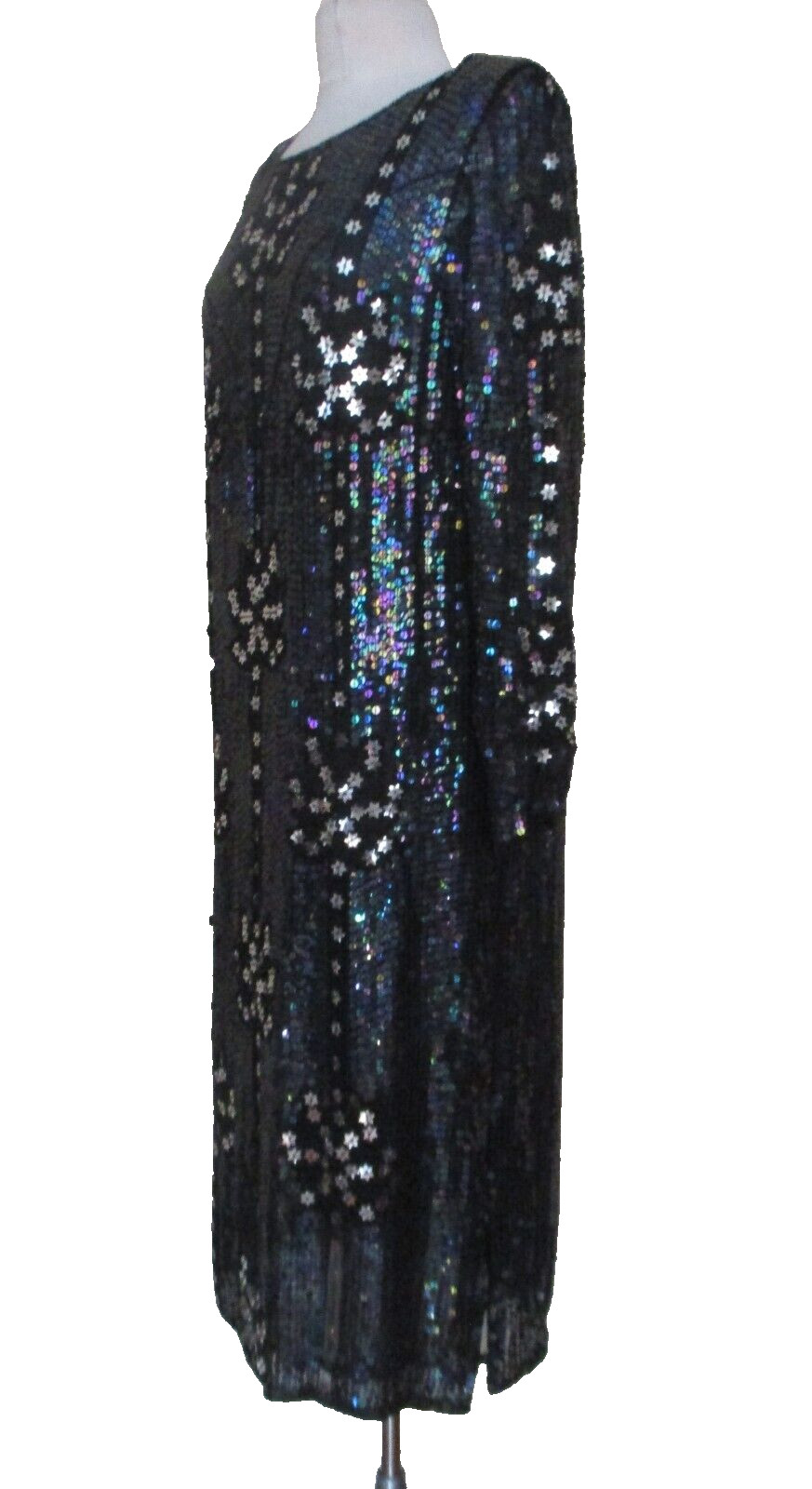 Vtg Valachi Creations Sequin Dress M Women Black Iridescent Sequins Silver Stars