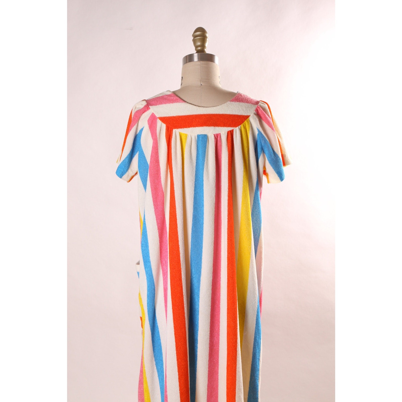 1970s White and Rainbow Striped Short Sleeve Pocketed Ankle Length Dress-S