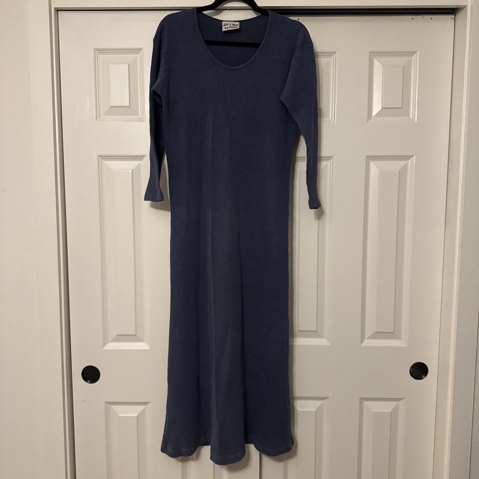 Liz & Jane Indigo Blue Cotton Maxi Dress MEDIUM waffle style long sleeves Y2K