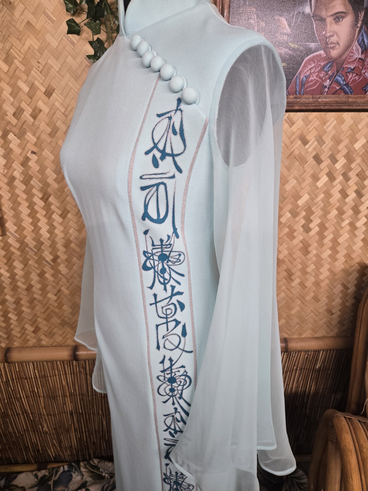 Vintage Shaheen Asian Inspired Hawaiian Aloha Dress In Rare Light Blue w1189