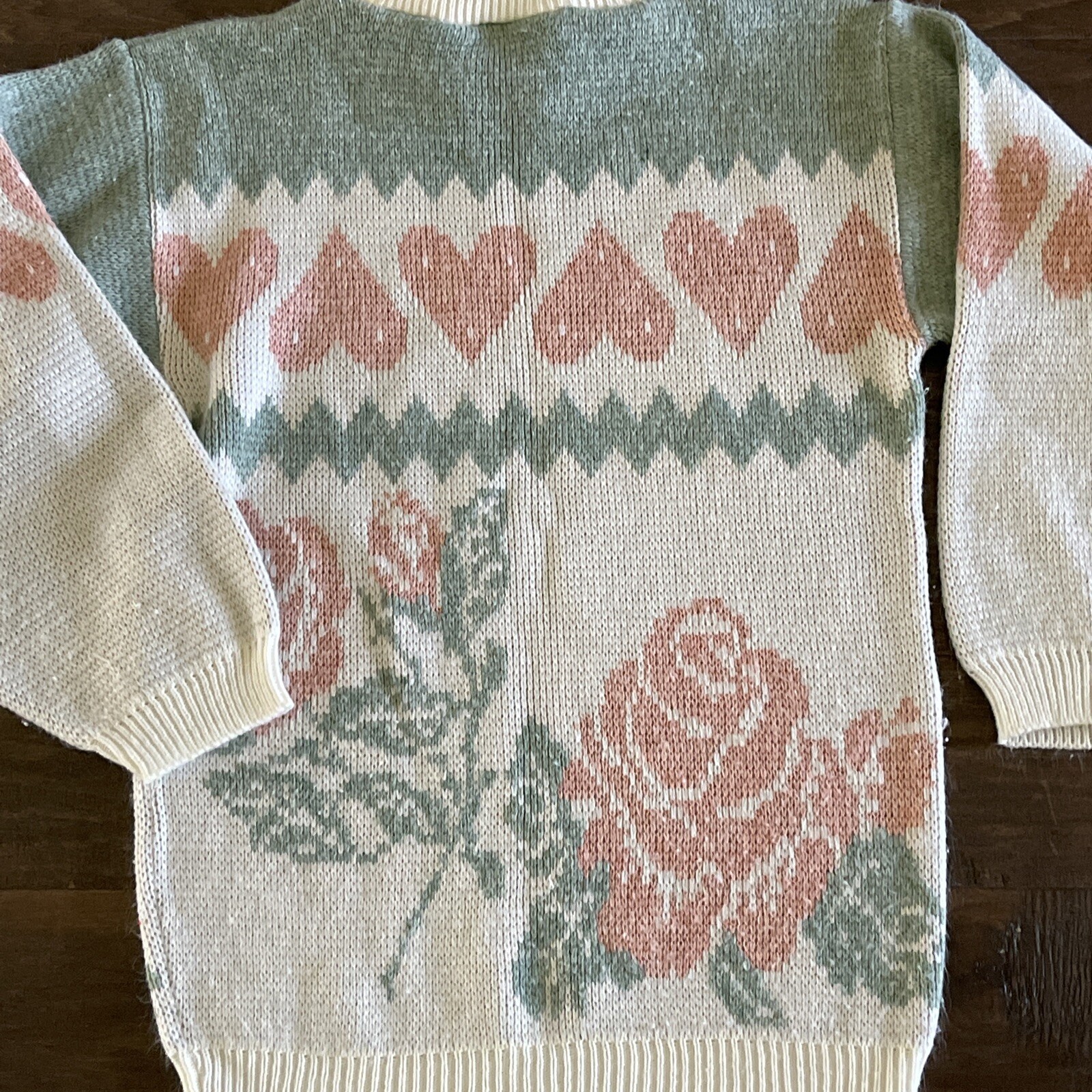 Vtg 80’s 90’s Sweater Womens Sz S White Pastel Roses Hearts Floral Cottage USA