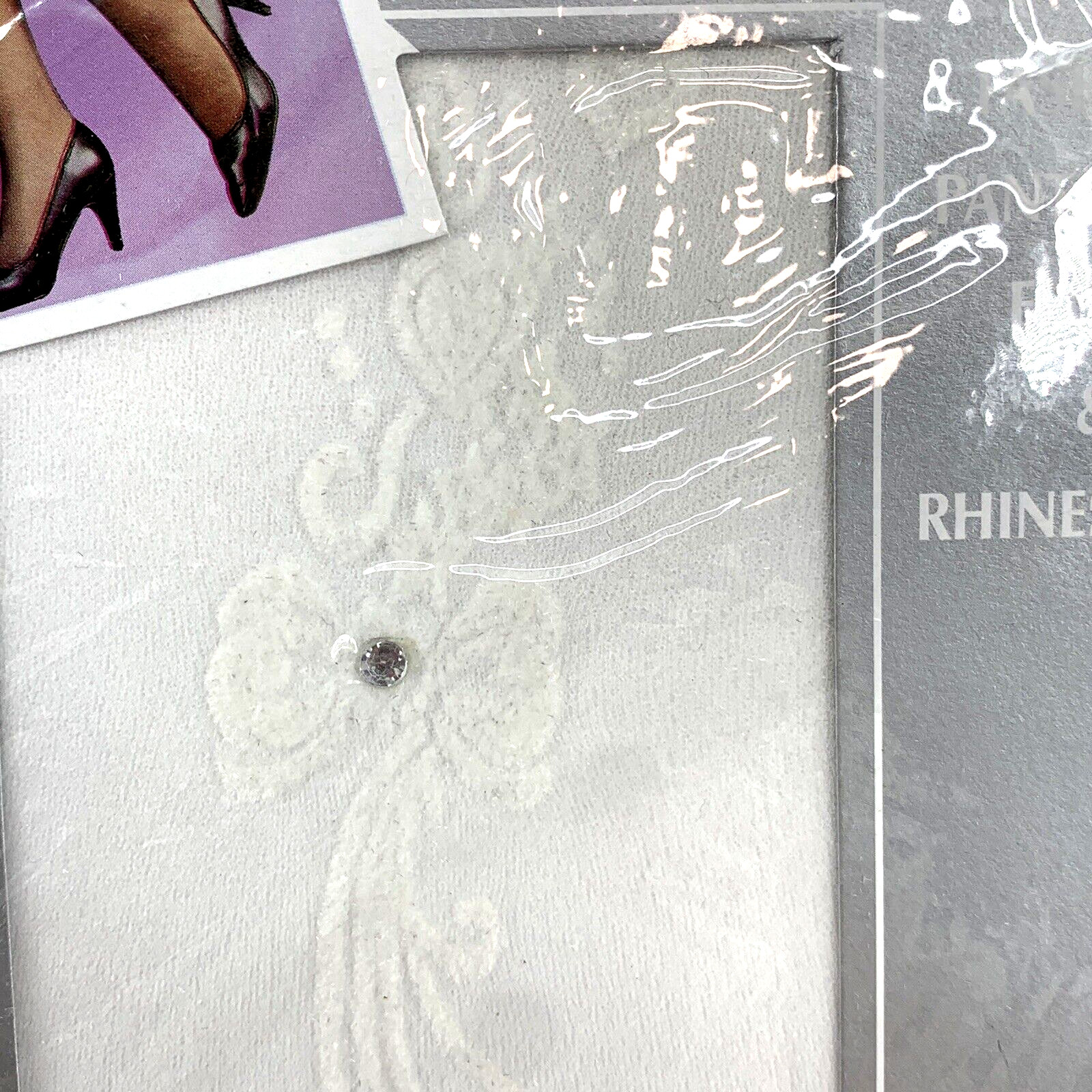 Vintage Hibaly Pantyhose White Flocked Bow & Rhinestone One Size 100-175lb Pinup
