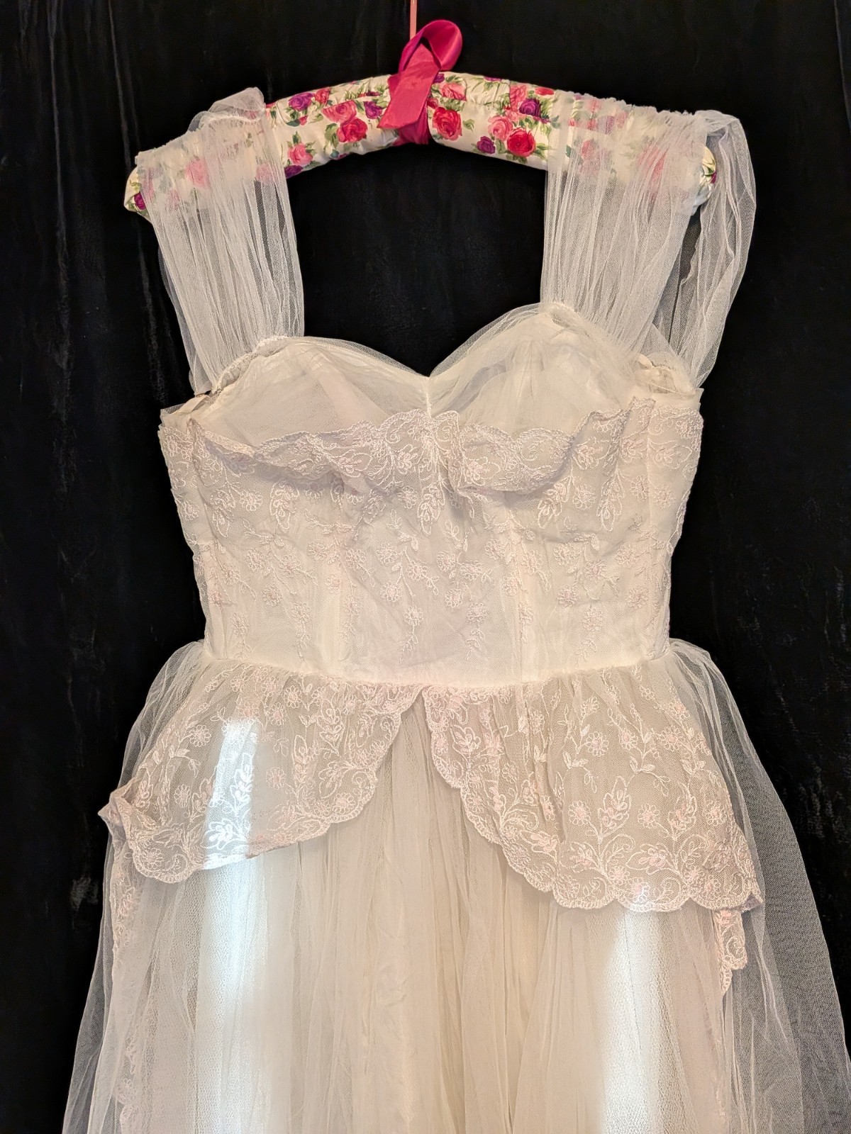 Authentic 50s Tulle Lace Corset Dress Converts To Strapless Cream And Pink