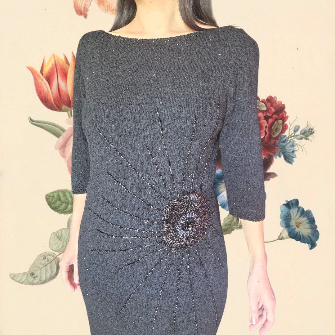 Vintage 1960’s Knit Beaded Black Wiggle Bodycon Dress Medium 8 10