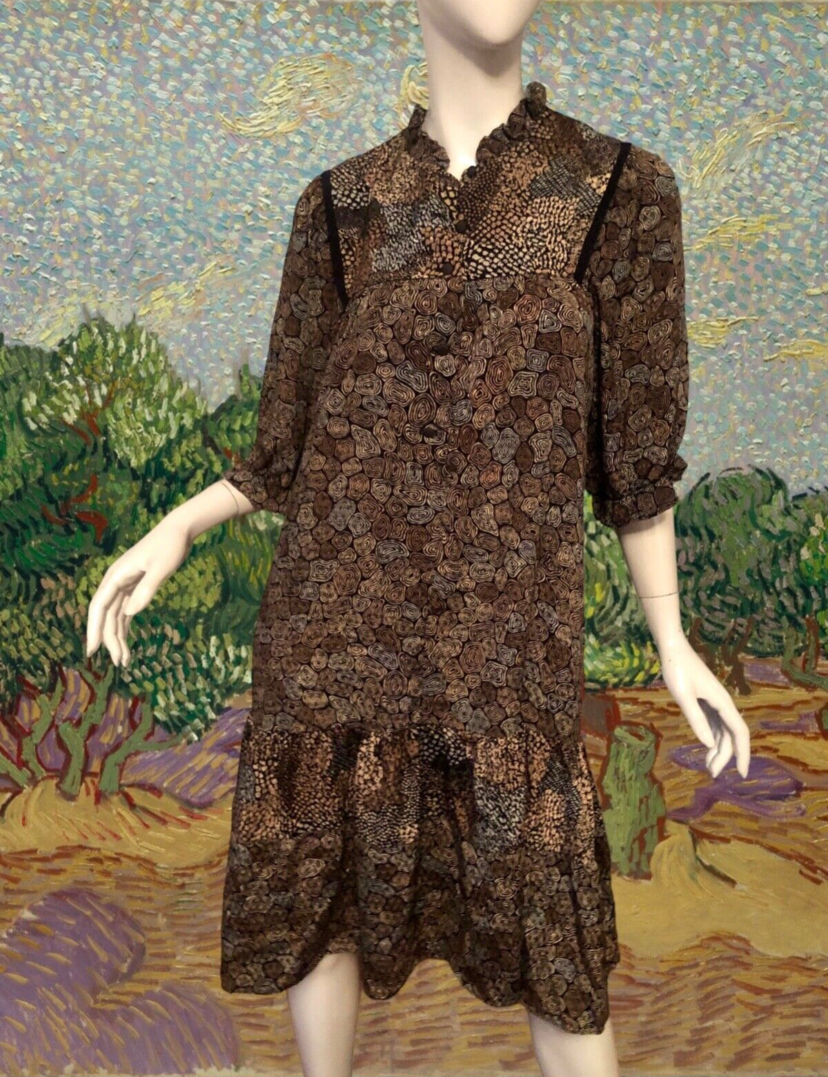 Vtg 70s 80s NATURALLY PETITE Dress S M Art FLORAL PATCHWORK Ruffle COTTAGECORE