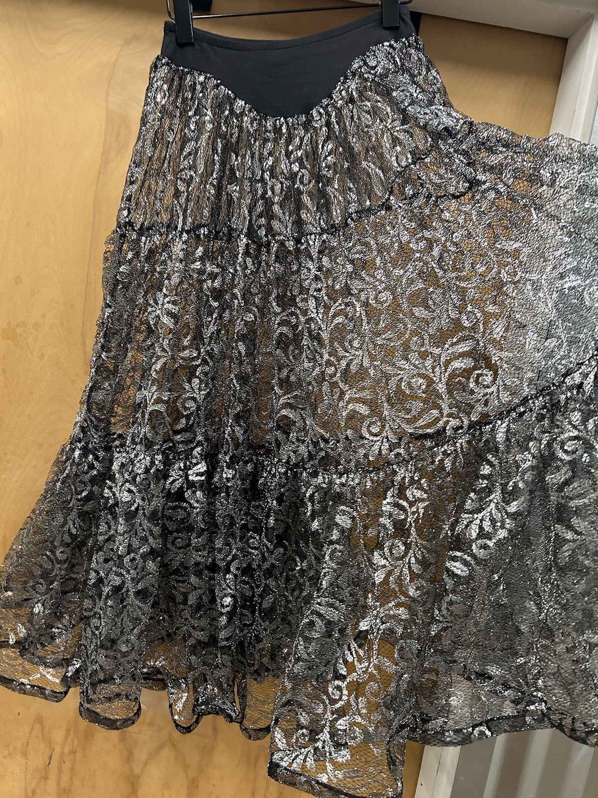 VTG 80s Punk Label BETSEY JOHNSON Maxi Silver Flare Skirt OSFA Metallic Lace