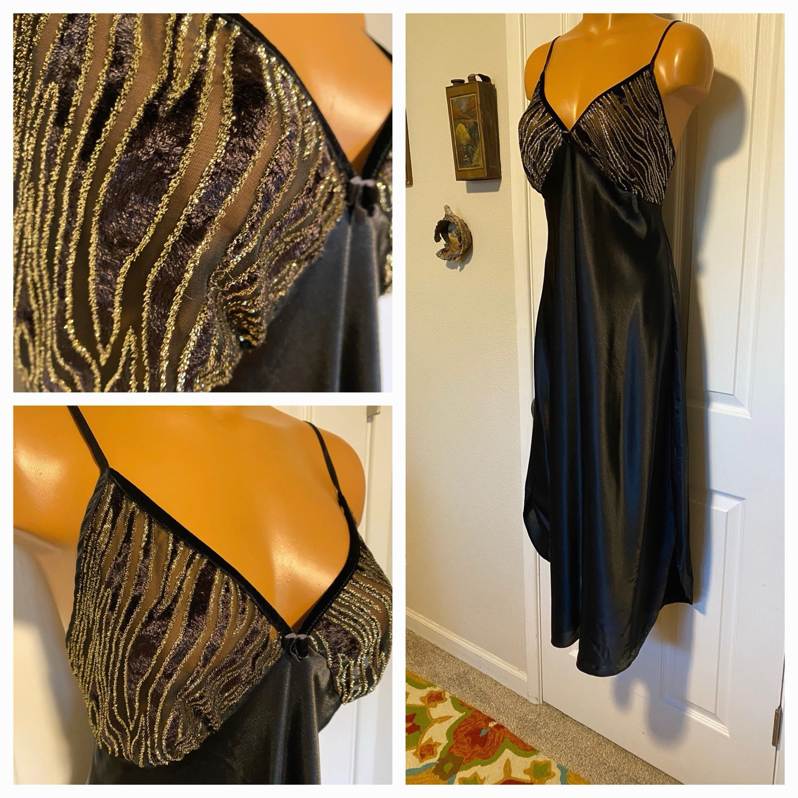VTG 90’s ROMANTIC MOODS BLACK SATIN W/ GLITTERY GOLD BODICE NIGHTGOWN SZ L