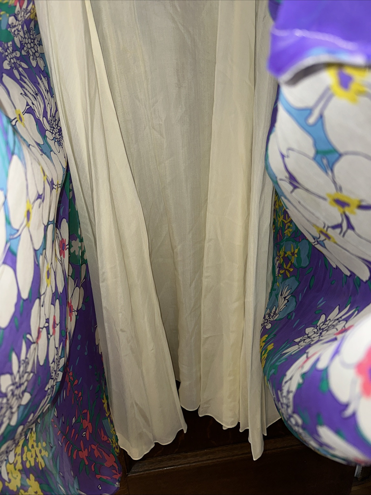 Vintage 60s 70s Parues Feinstein Flowy Flower Purple Long Dress Floral Sheer