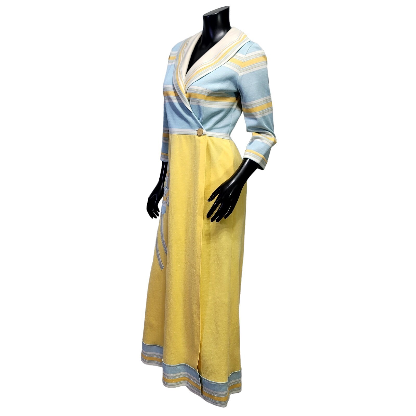 Vintage 60s 70s Maxi Dress Yellow Blue Striped Floral Applique Shawl Collar Mod