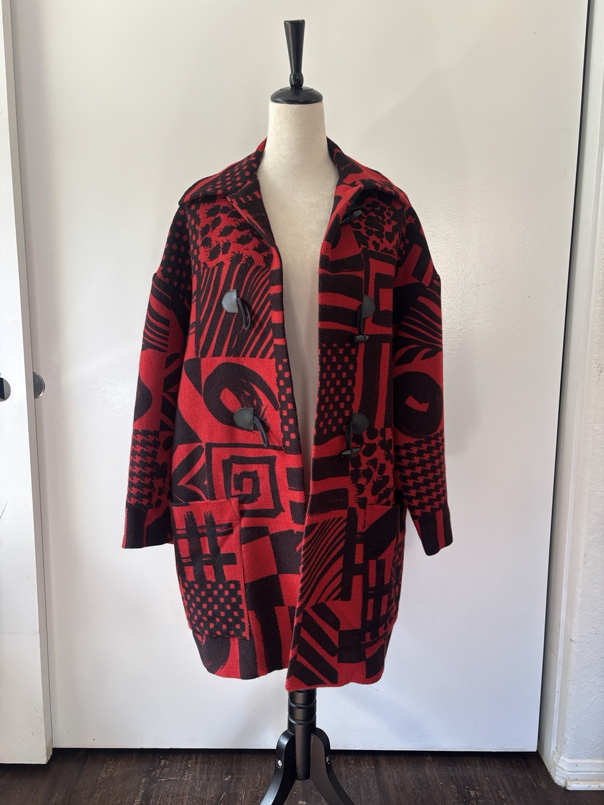 Vintage 80s Betty Jackson Red and Black Linen Coat Duster Sz L