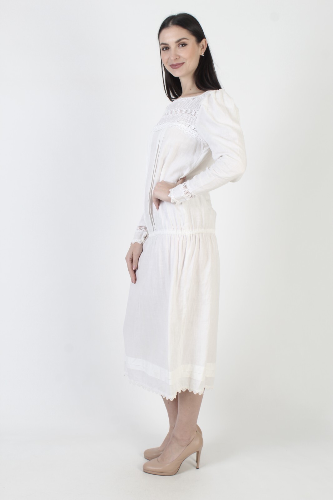 Jessica McClintock White Cotton Dress Drop Waist Victorian Deco Lawn Vtg Midi
