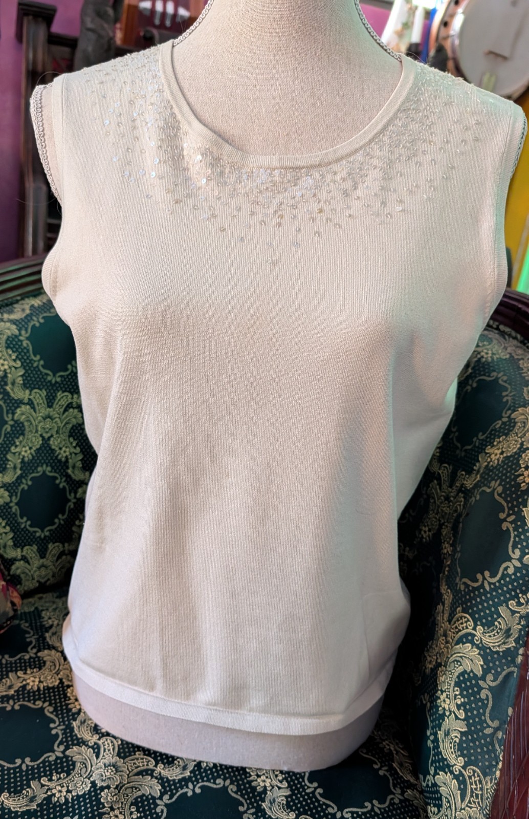 VTG Emanuel Ungaro Silk Pullover Women Sz M Beige Hepburn Sequin at Round Neck