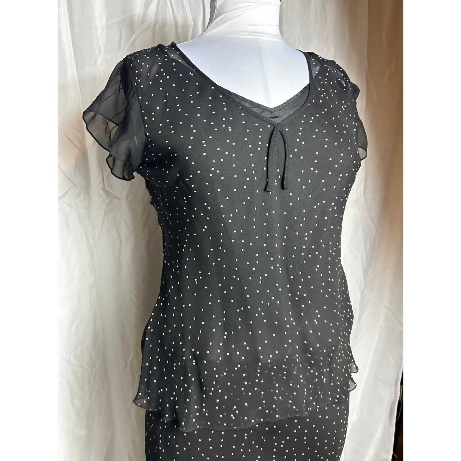 Vintage 90s Polka Dot 3 Piece Set Sheer Silk Blouse Skirt & Camisole Black White