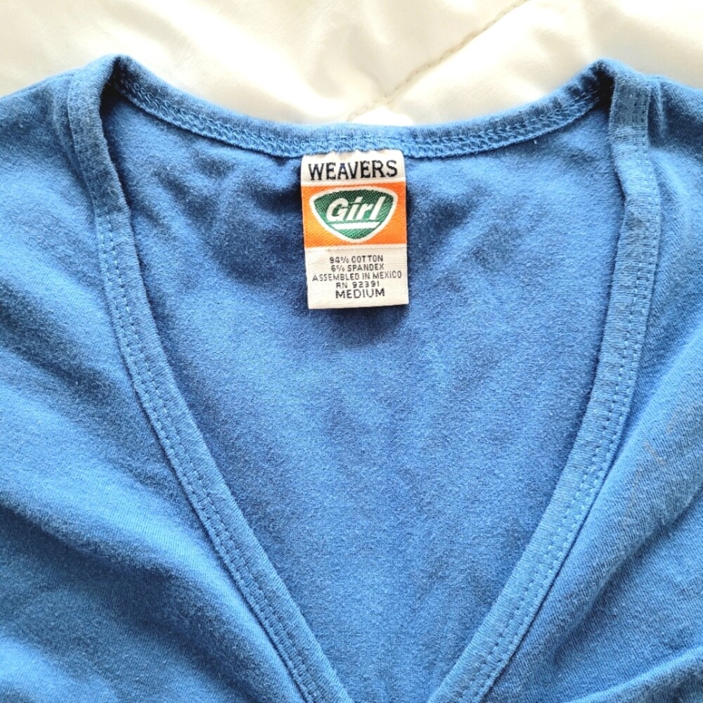 Vintage Weavers Girl Blue Cinched Front V-Neck Tank Top Sz M Colorful Sexy Y2K