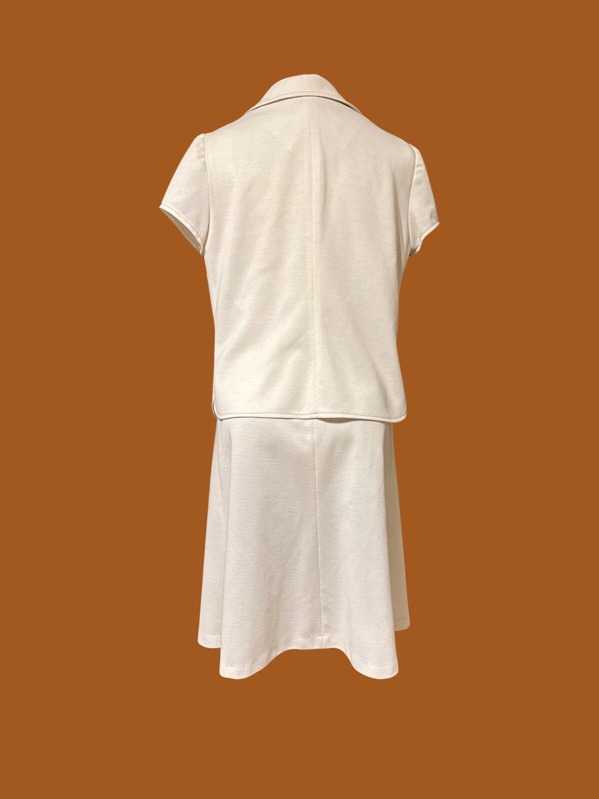 Vintage 70’s Knit Womens Dress Suit Set Brown Stitched Point Collar Haggar S/M