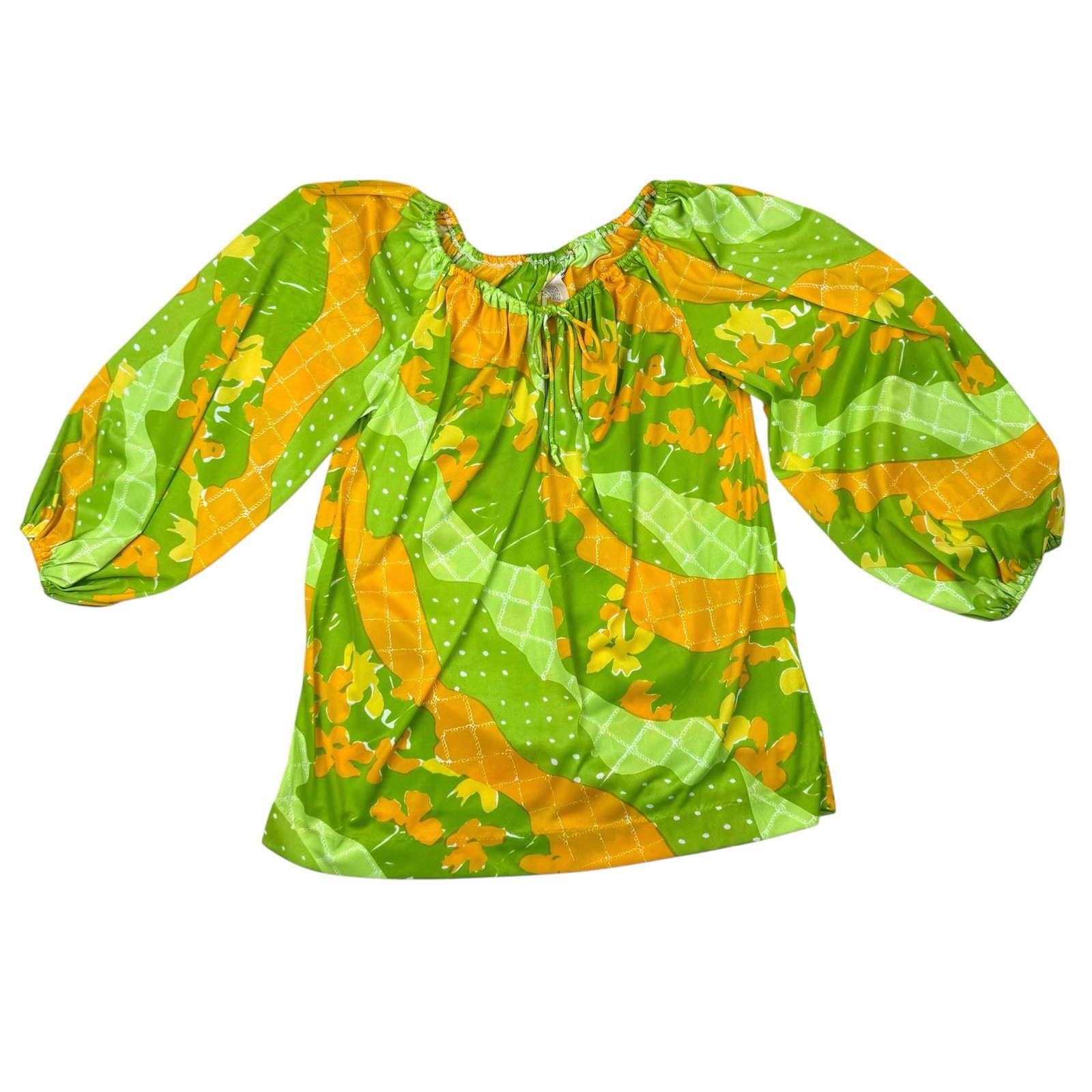 Vg 60s 70’s Floral Acrylic Psychedelic Geo Mod Boho Disco Button Blouse USA Made