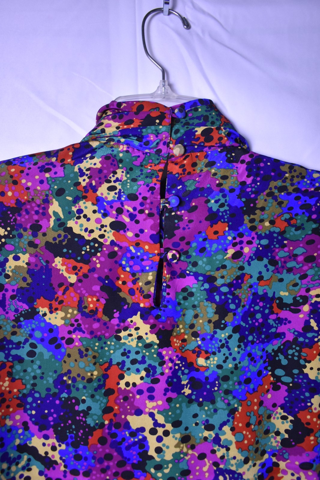 Vintage Nicola Size 8 Blouse Abstract Paint Splatter Jewel Tone Mock Neck USA