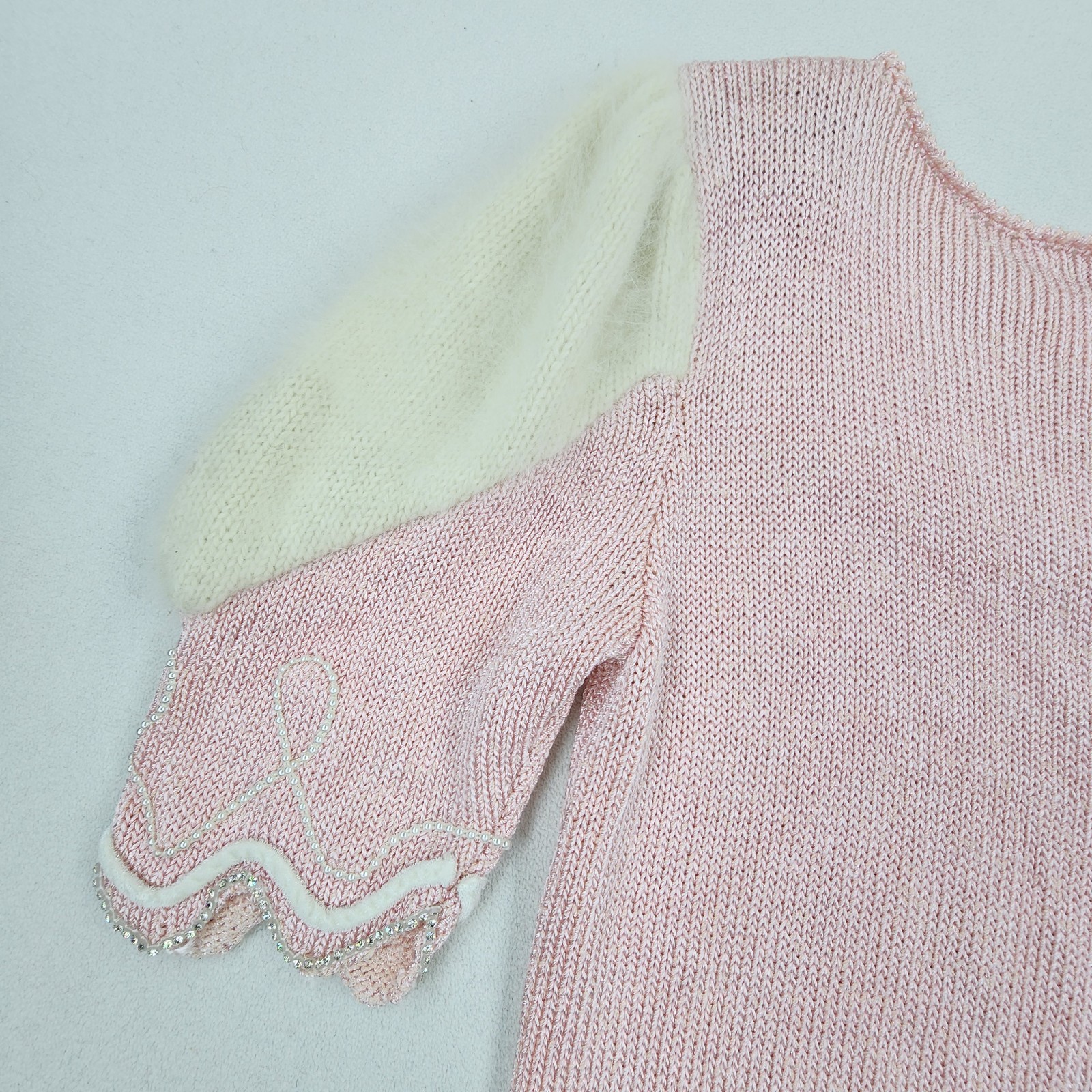 Vtg 80s DACANI Pink Knit Skirt Sweater Set Rhinestones Angora Shoulders Beaded