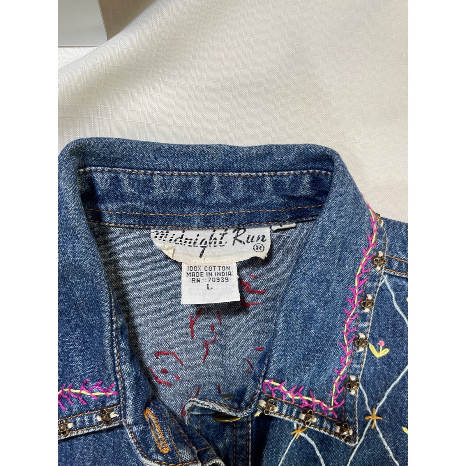 Midnight Run Denim Vest Embroidered Sleeveless Jean Jacket L