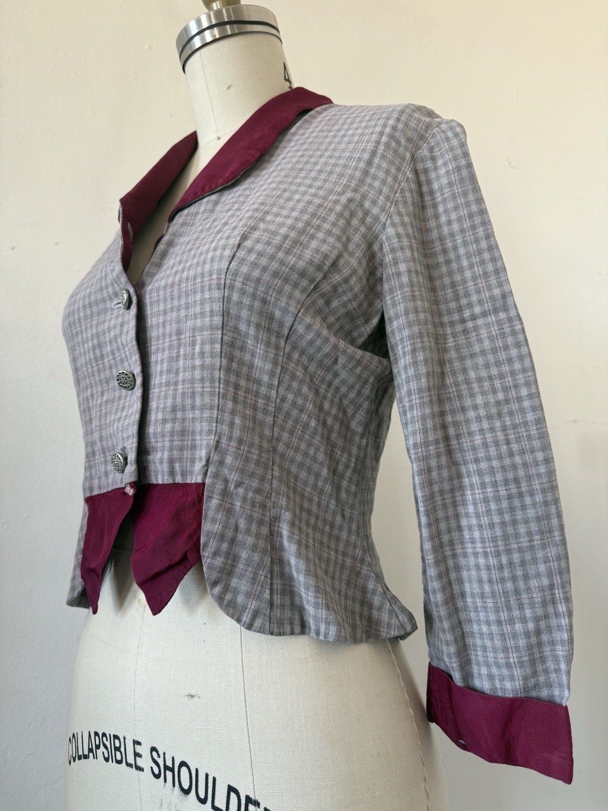 1940s Plaid Rayon Structured Peplum Jacket/Bodice Top W/ Contrast Faille Trim S