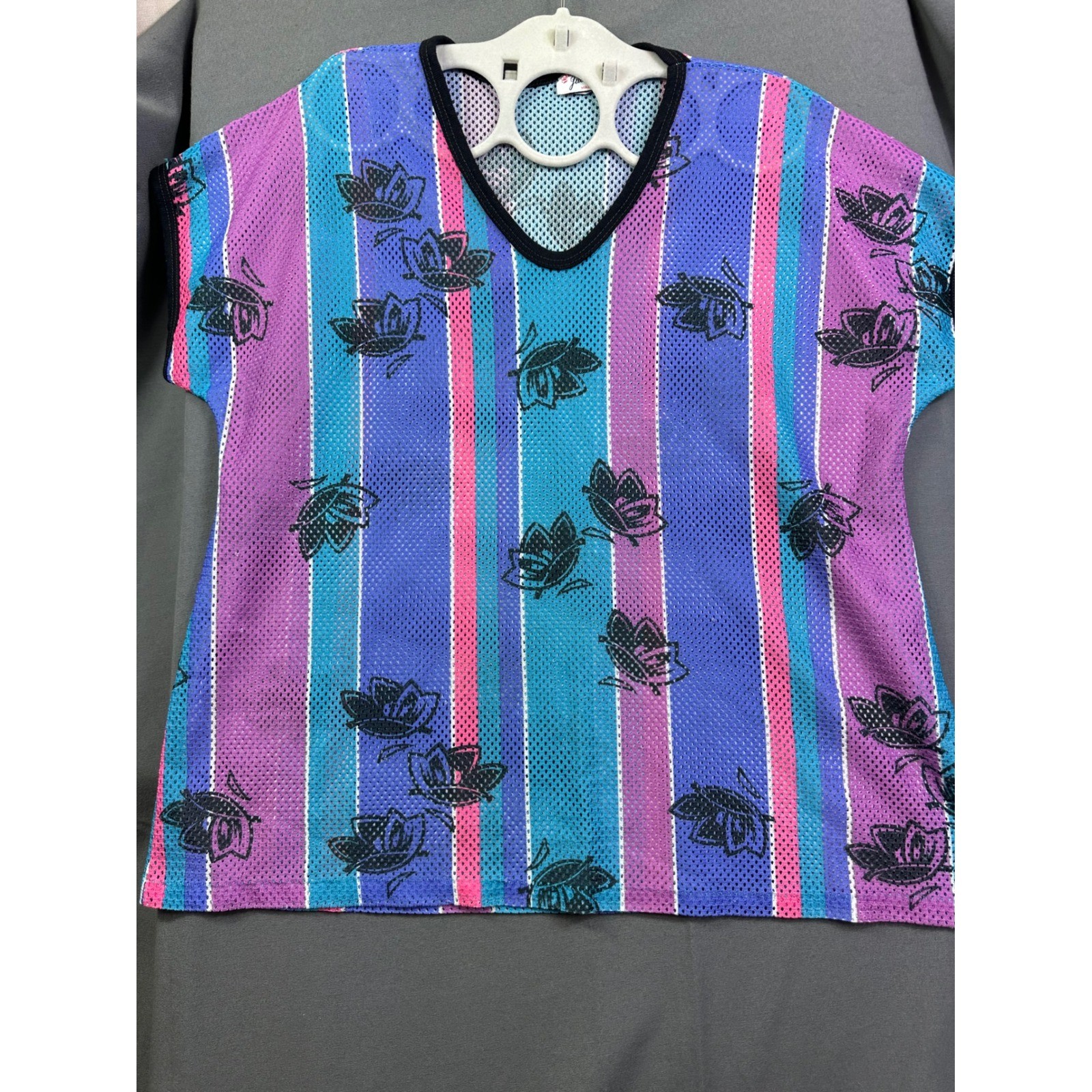 Vintage Julie Girl Mesh Butterfly Stripe V-Neck Top Made in USA Retro 90s Teal