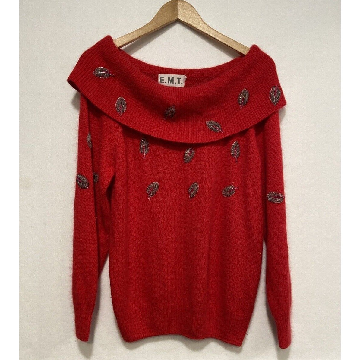 VTG Red Silk Angora Blend Hand Beaded Leaf Portrait Collar Sweater Large