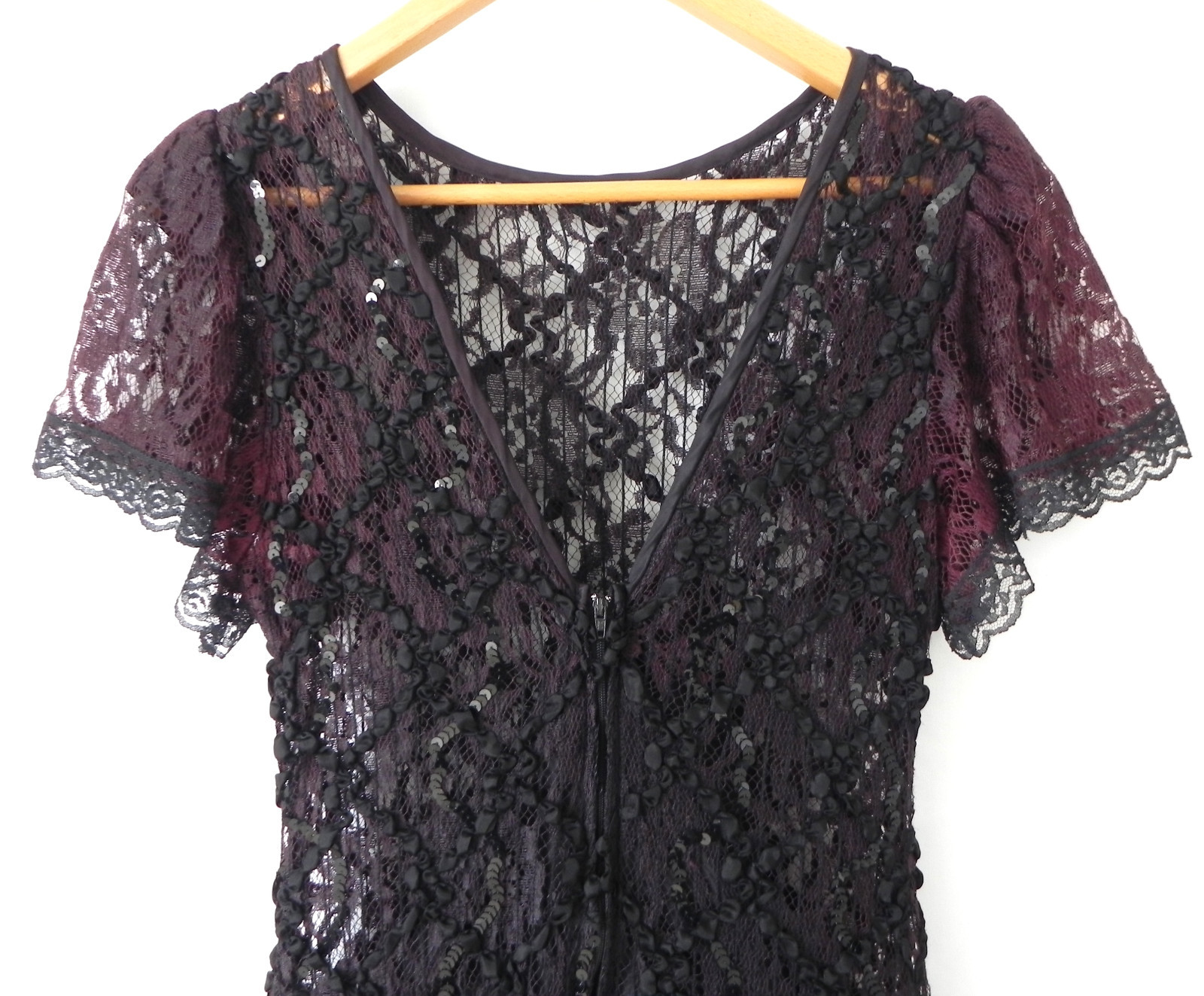 Vtg HW Collections Lace Dress Burgundy/Black Open Back Fit-Flared Size S/M