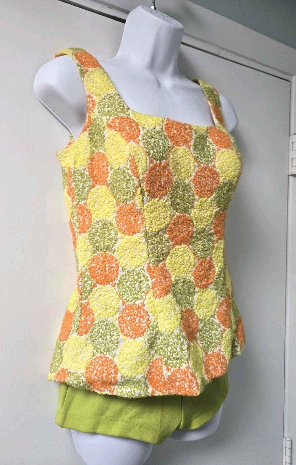 Vintage Bathing Suit Mod Green Orange Yellow Dots 2 Piece 34 Sz 12 M 1960s 70s