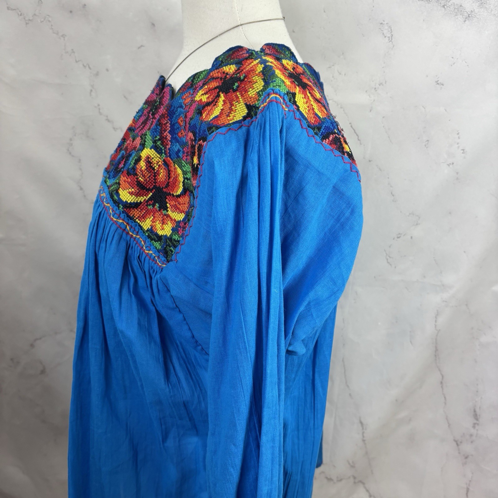 Vtg 70s Mexican Embroidered Cotton Tunic Blouse Boho Peasant Green Huipil M