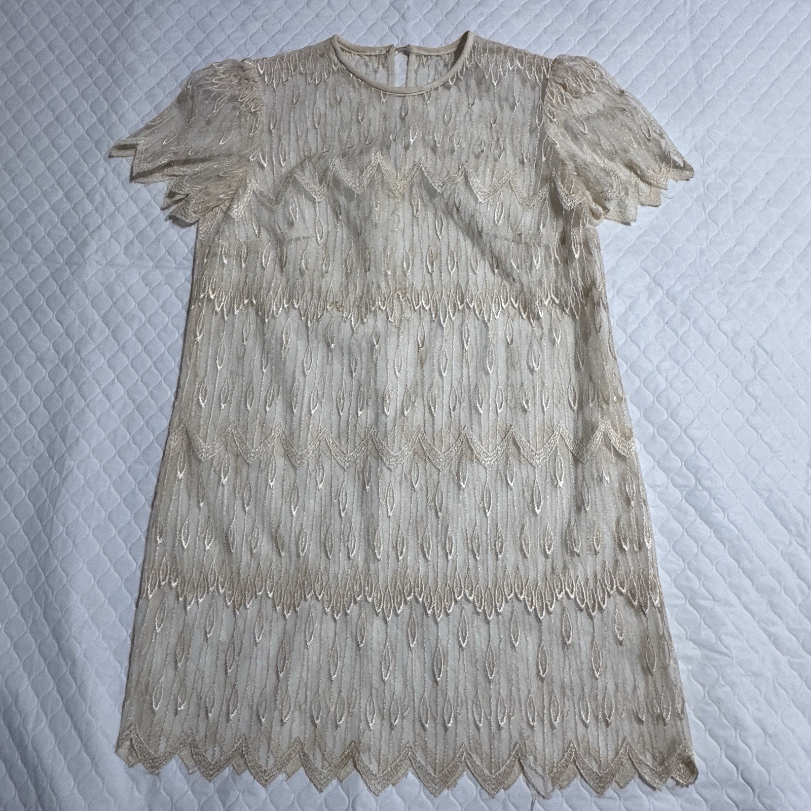 Vtg 70s 80s Sz S Gina Bacconi? Cream Lace Gatsby Wedding Party Art Deco Dress