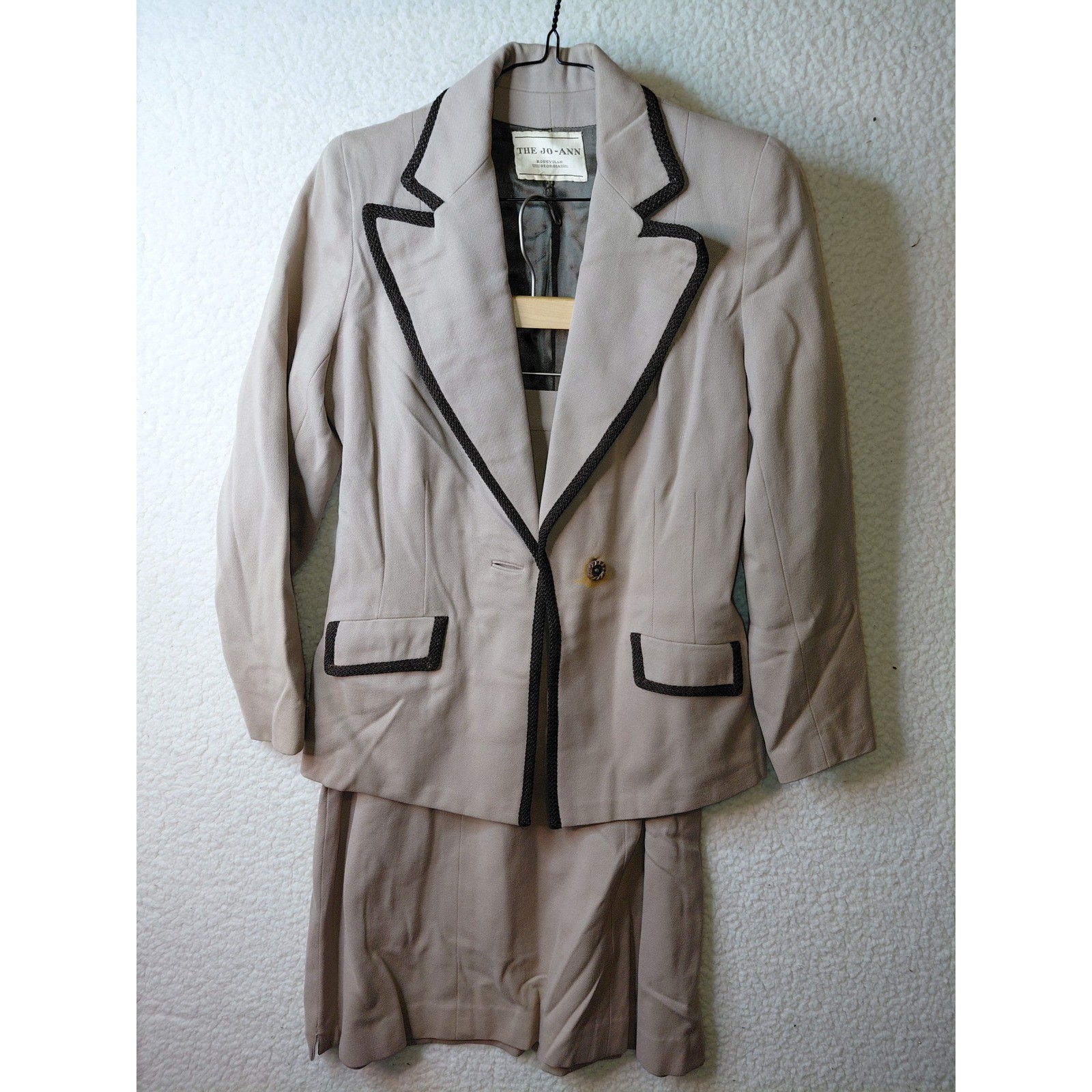 Vintage Jo-Ann Roseville Skirt Suit Set Tan Braided Trim Blazer Midi Skirt Taupe