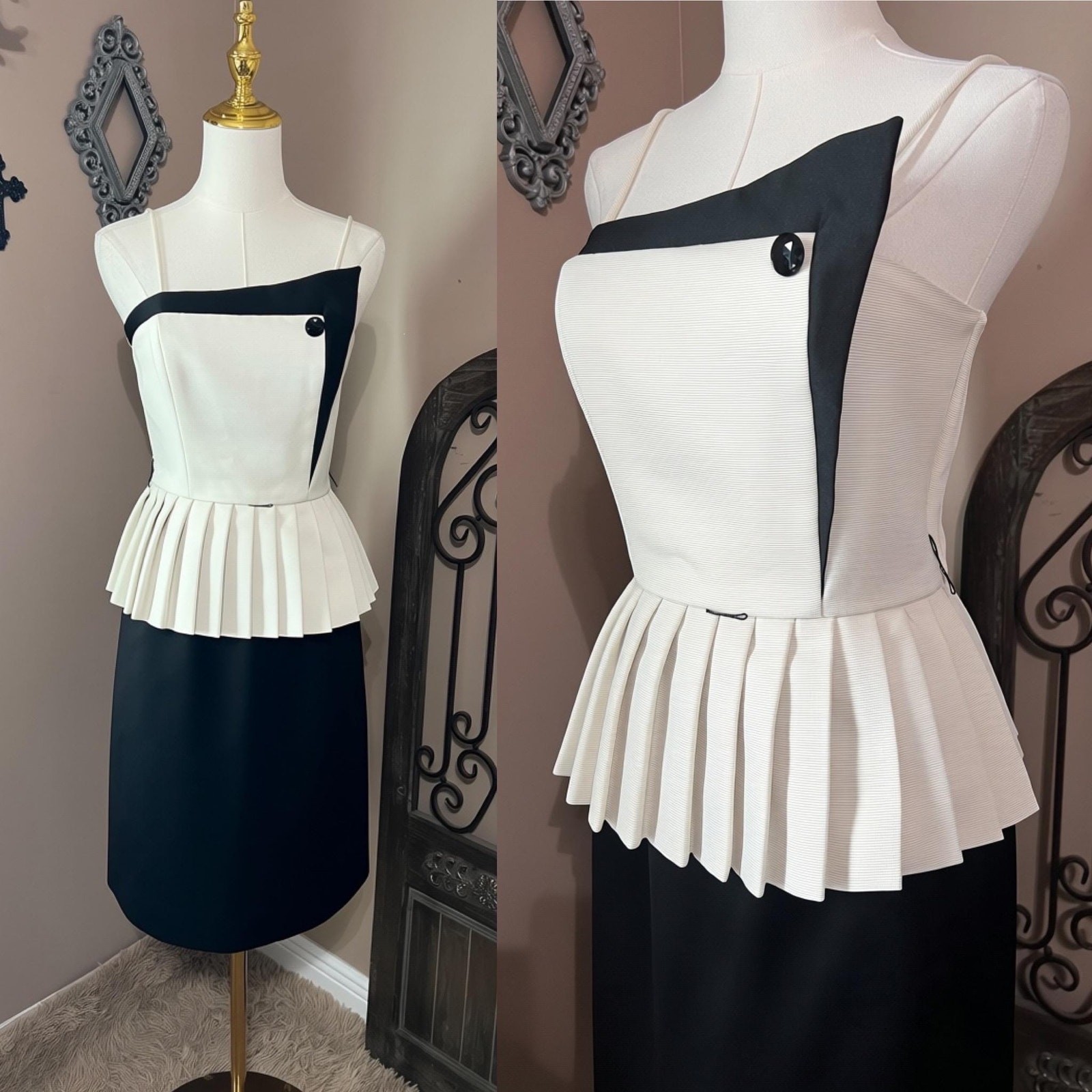 Vintage 80s Black & Ivory Structured Peplum Cocktail Dress Size S New Wave Goth