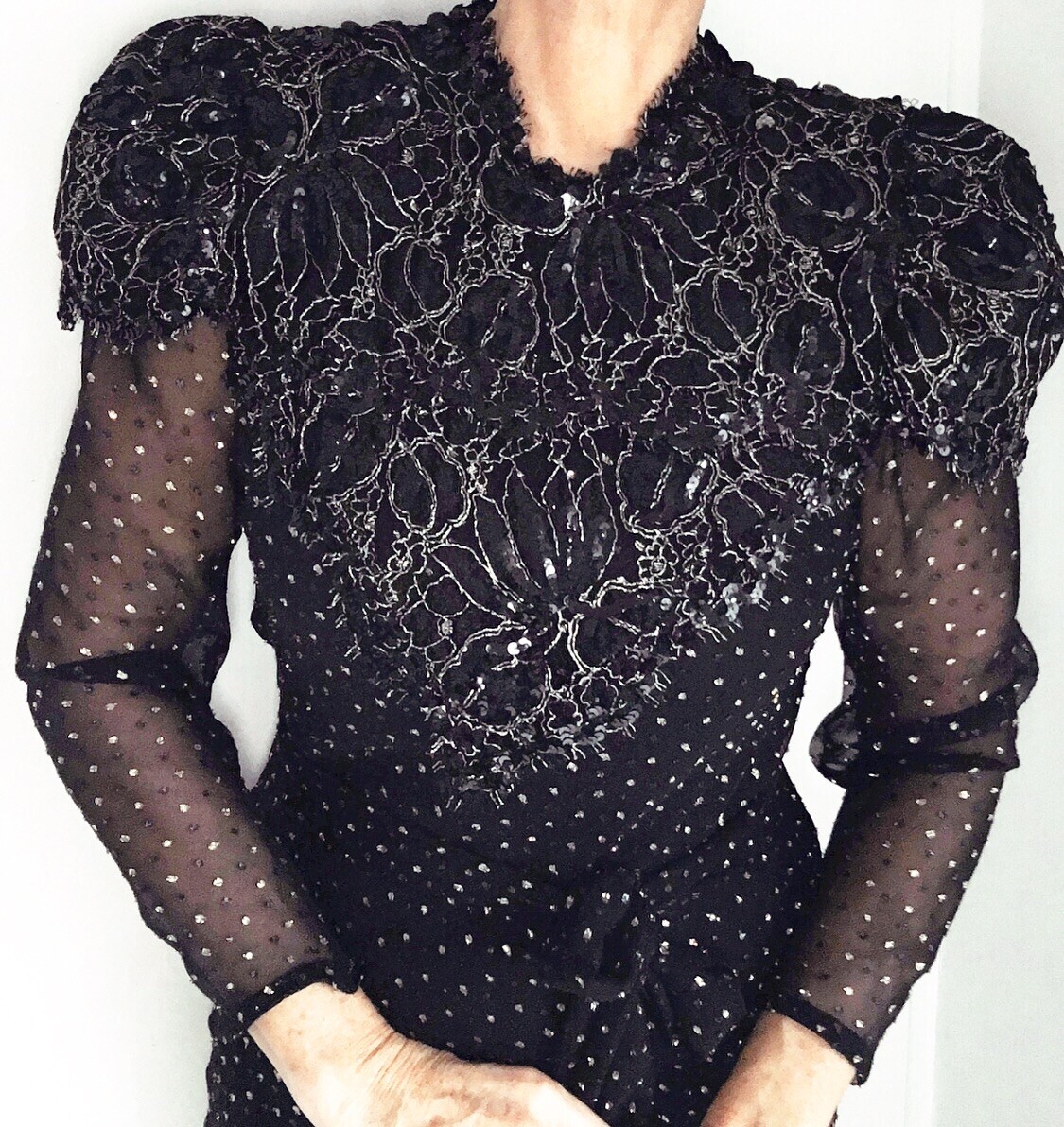 Vintage Judy Hornby Pure Silk Heavily Beaded Bodice Dress W/ Polka Dots Size M